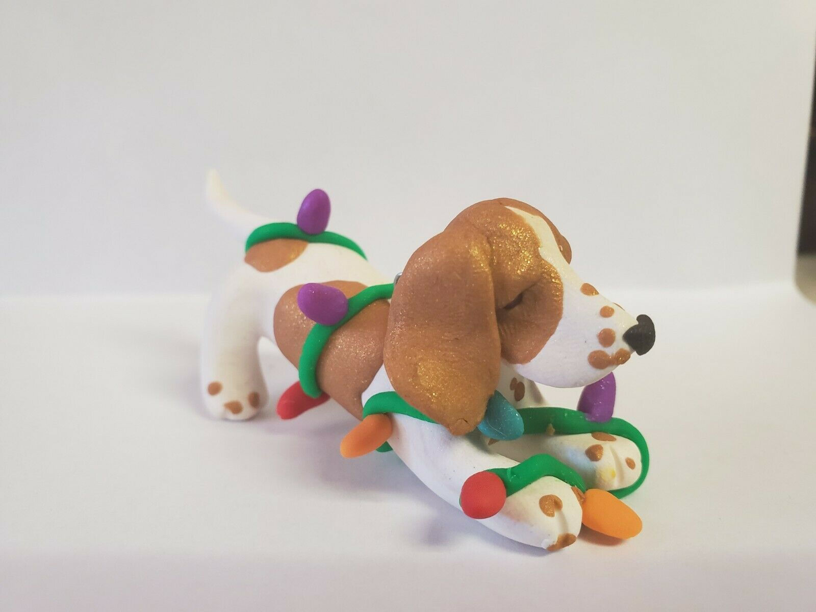 BASSET HOUND WHITE and TAN Christmas Ornament Tangled in Christmas Lights