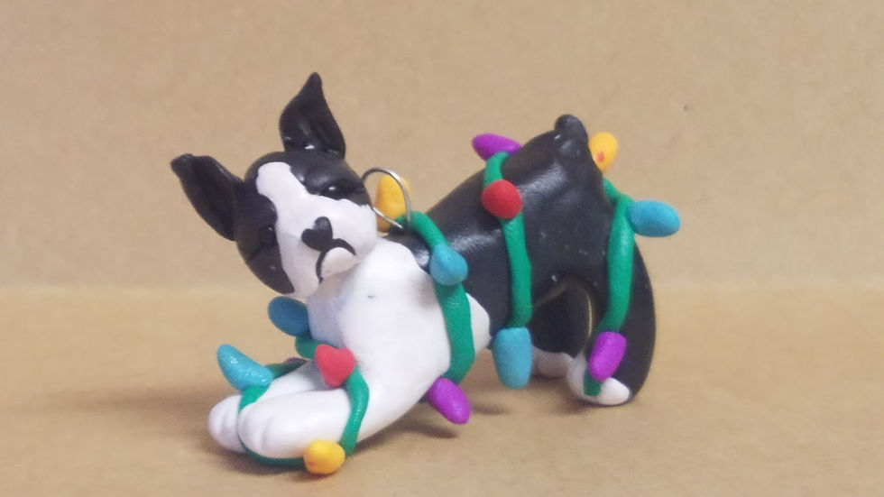 Thumbnail: BOSTON TERRIER Christmas Ornament Tangled in Christmas Lights Hand Made