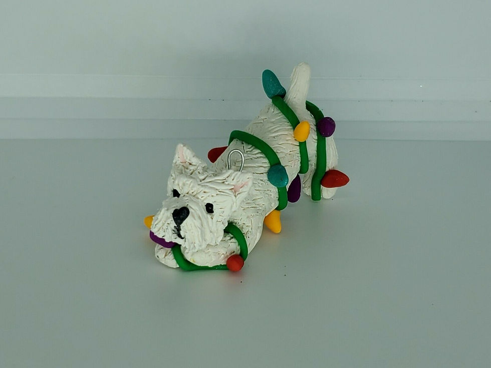 Thumbnail: WESTIE Christmas Ornament Tangled in Christmas Lights handmade polymer clay