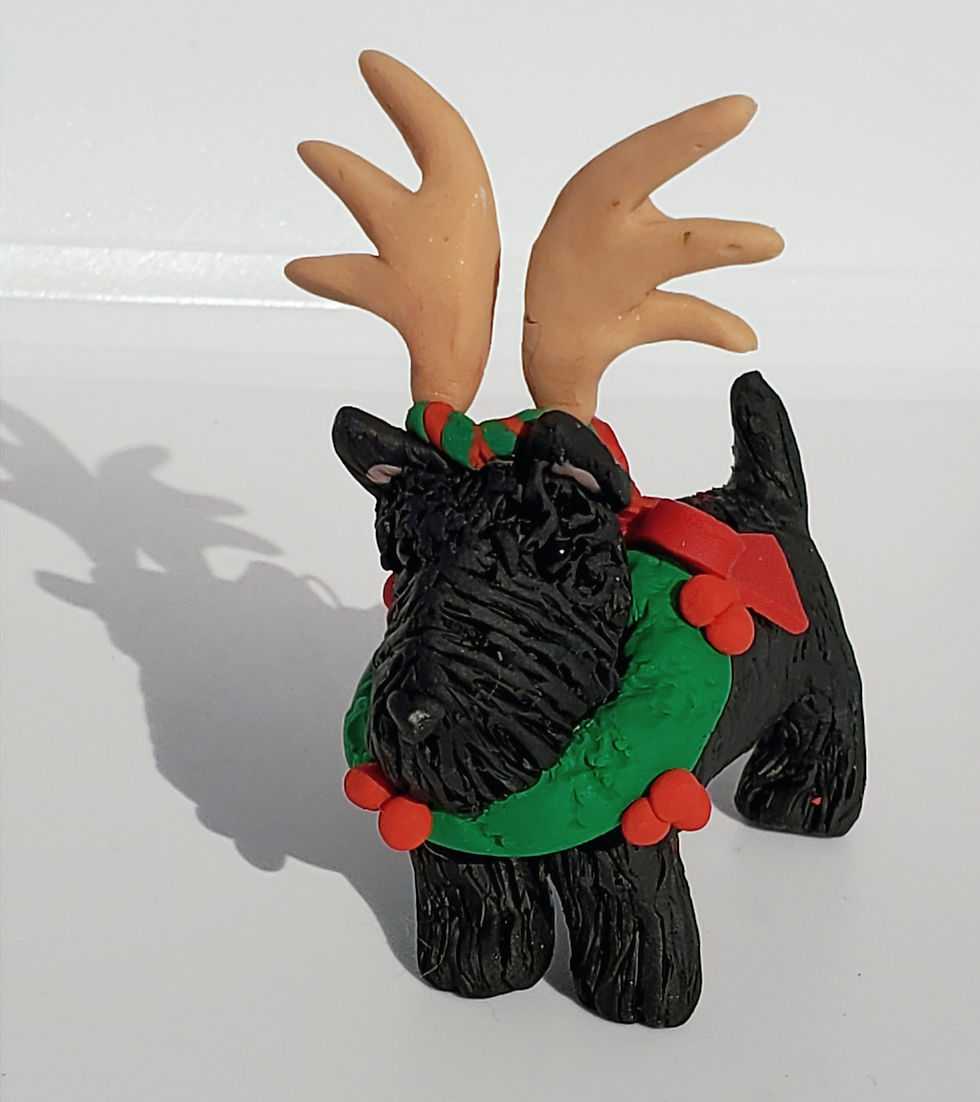 Thumbnail: SCOTTIE w/WREATH & ANTLERS BLACK SCOTTISH TERRIER Polymer Clay HAND MADE