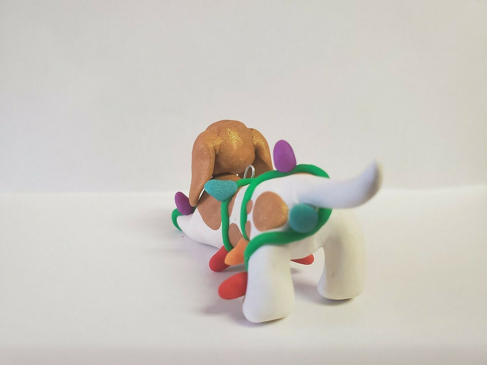 Thumbnail: BASSET HOUND WHITE and TAN Christmas Ornament  Tangled in Christmas Lights