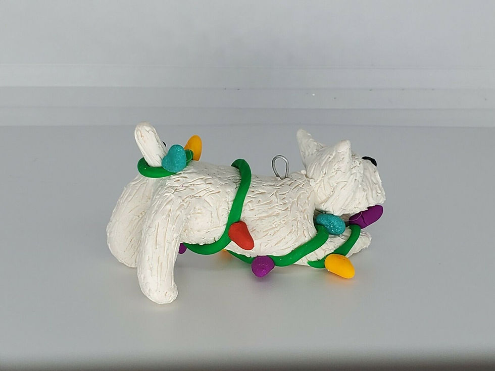 Thumbnail: WESTIE Christmas Ornament Tangled in Christmas Lights handmade polymer clay