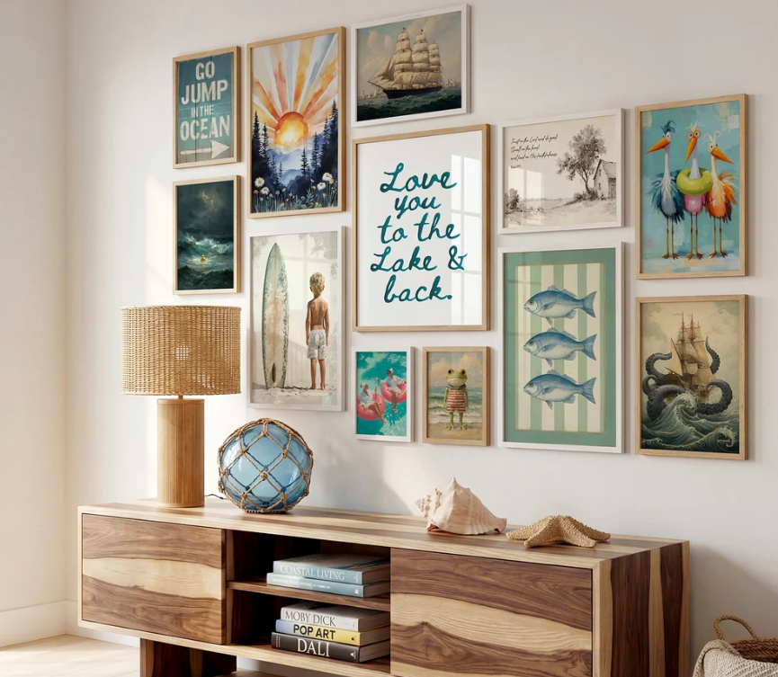 Whimsical coastal gallery wall designed to complement STR space