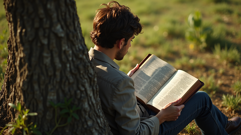 High-angle view of a person reading the Bible under a tree