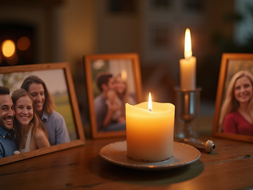 A family memorial photo table with candles
