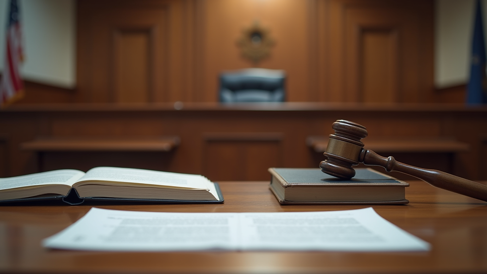 Eye-level view of a courtroom with legal books and documents
