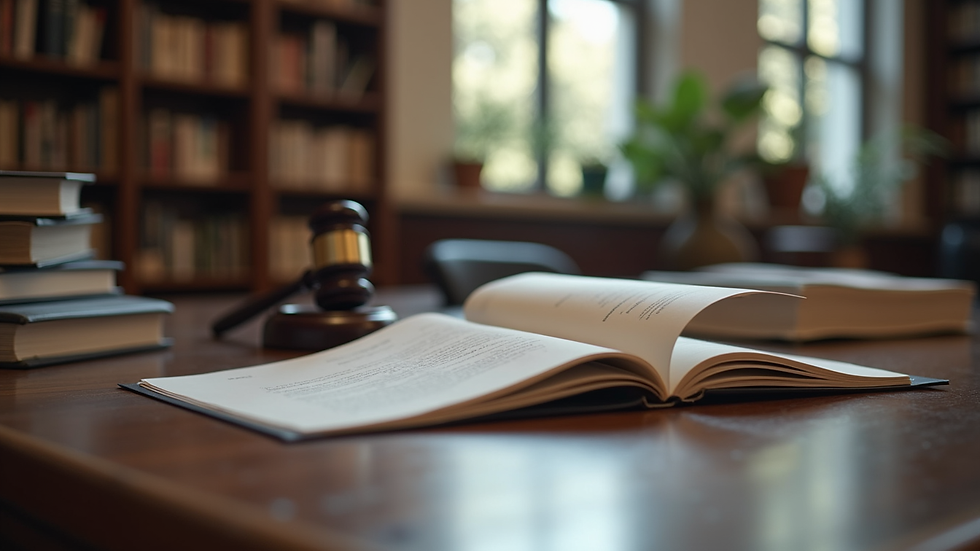 Eye-level view of a legal office with law books and documents