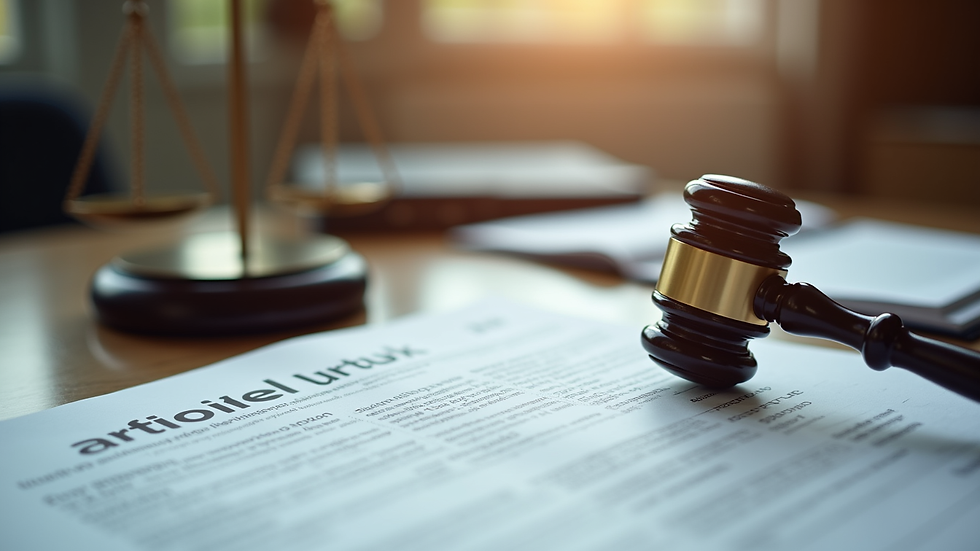 Close-up view of legal documents and a gavel on a desk