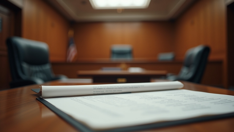 Eye-level view of a courtroom with legal books and documents on a desk