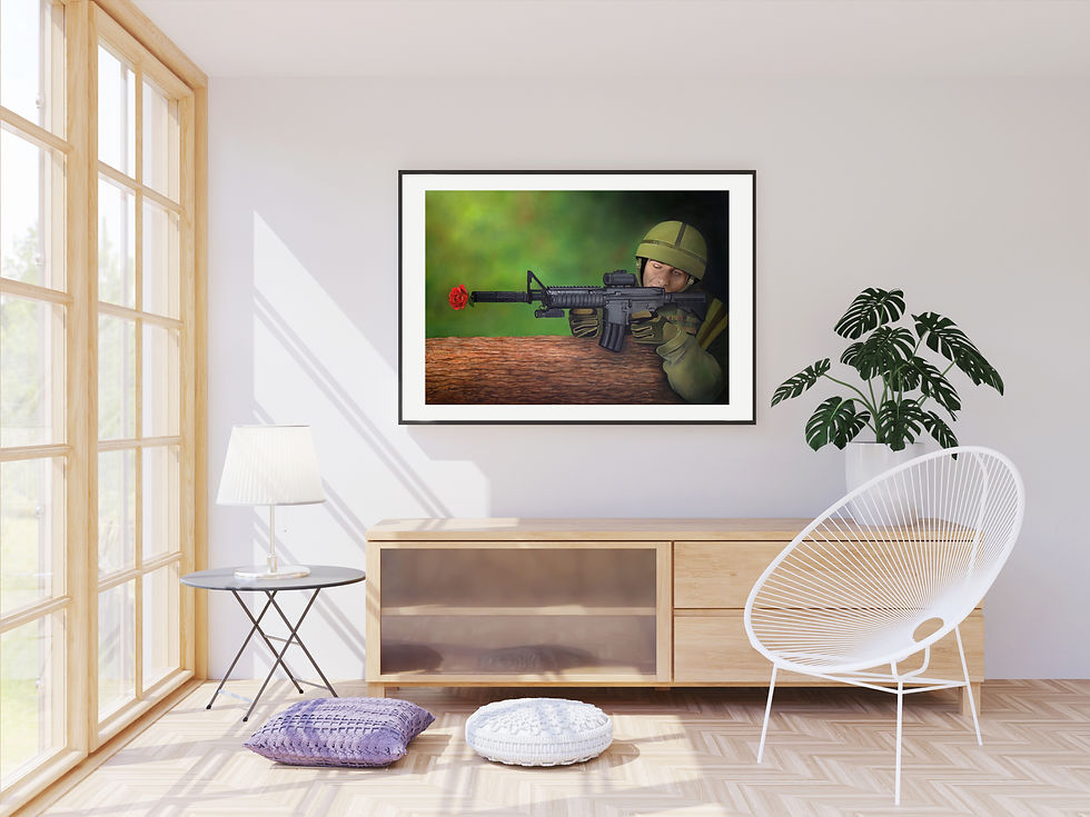 Miniaturbild: Print eines Soldaten in Uniform auf einem Baumstamm mit einer Rose in seinem Gewehr, Grüner Hintergrund