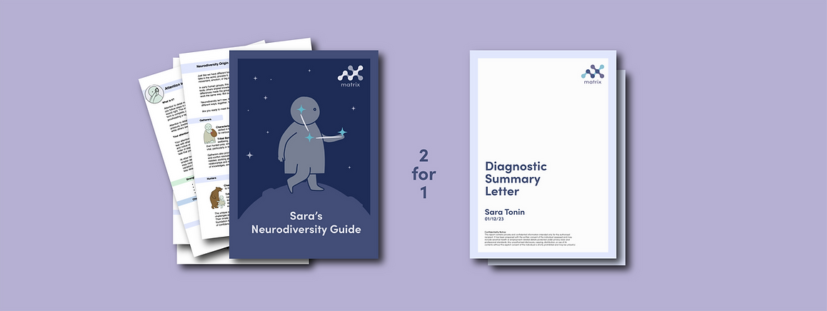 Covers of the Neurodiversity Guide and Diagnostic Summary Letter, showing the two outcomes included in one adult Autism and ADHD assessment.