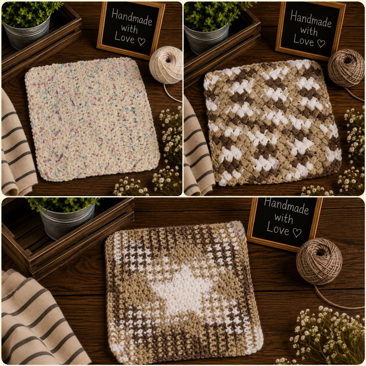 Three large handmade crocheted dishclothes in neutral tones