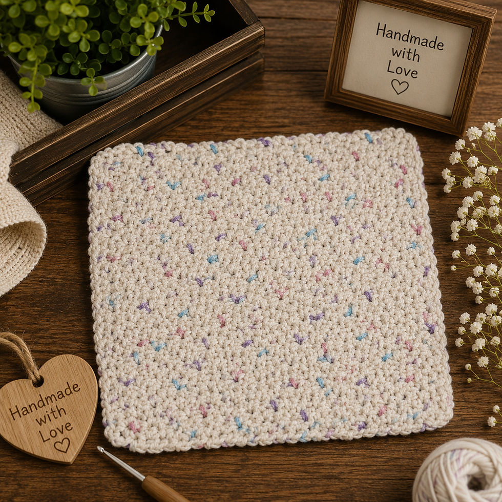 Thumbnail: Handmade flecked dishcloth on a wooden surface