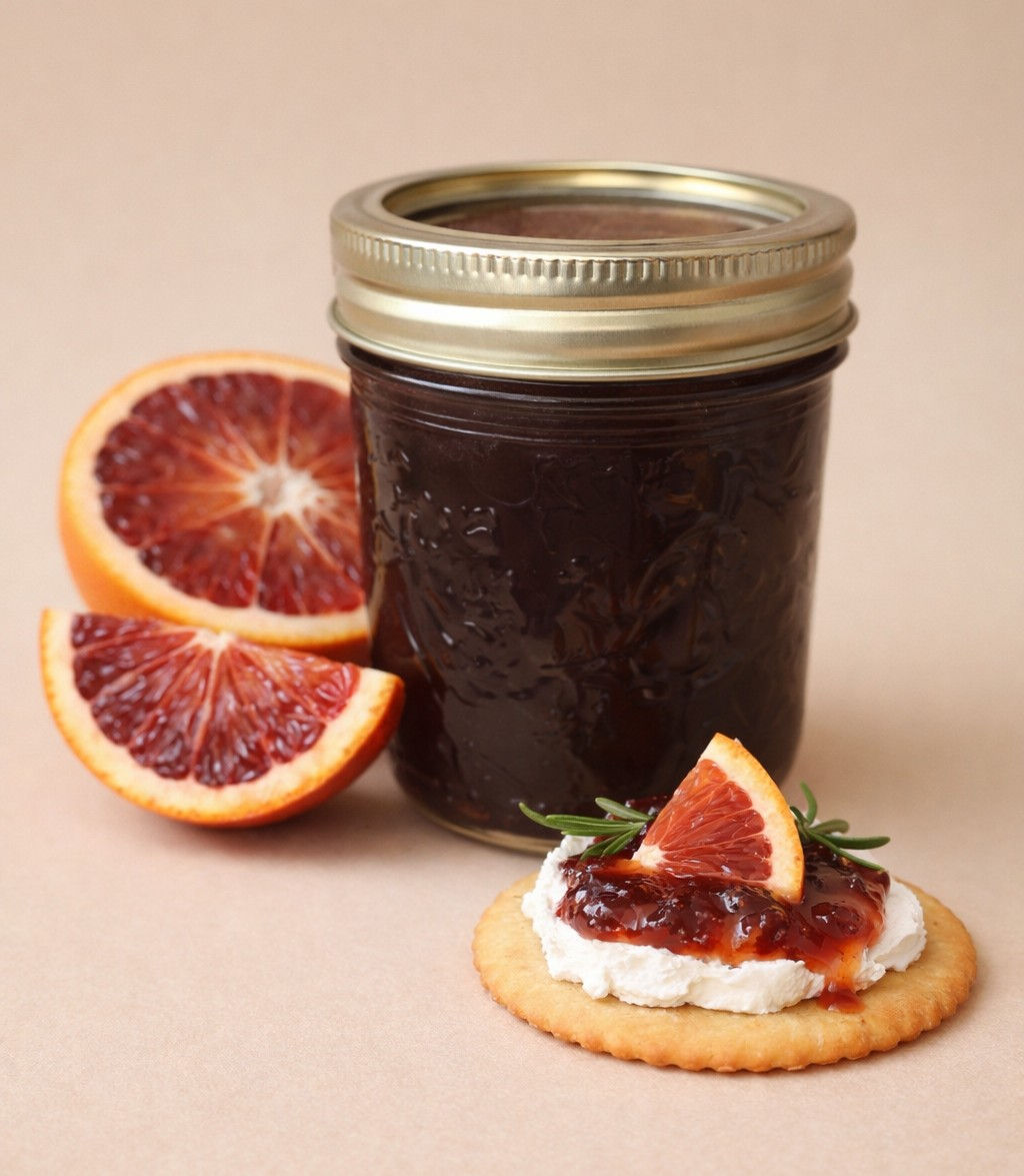 Jar of blood orange jelly with fresh slices and a cracker