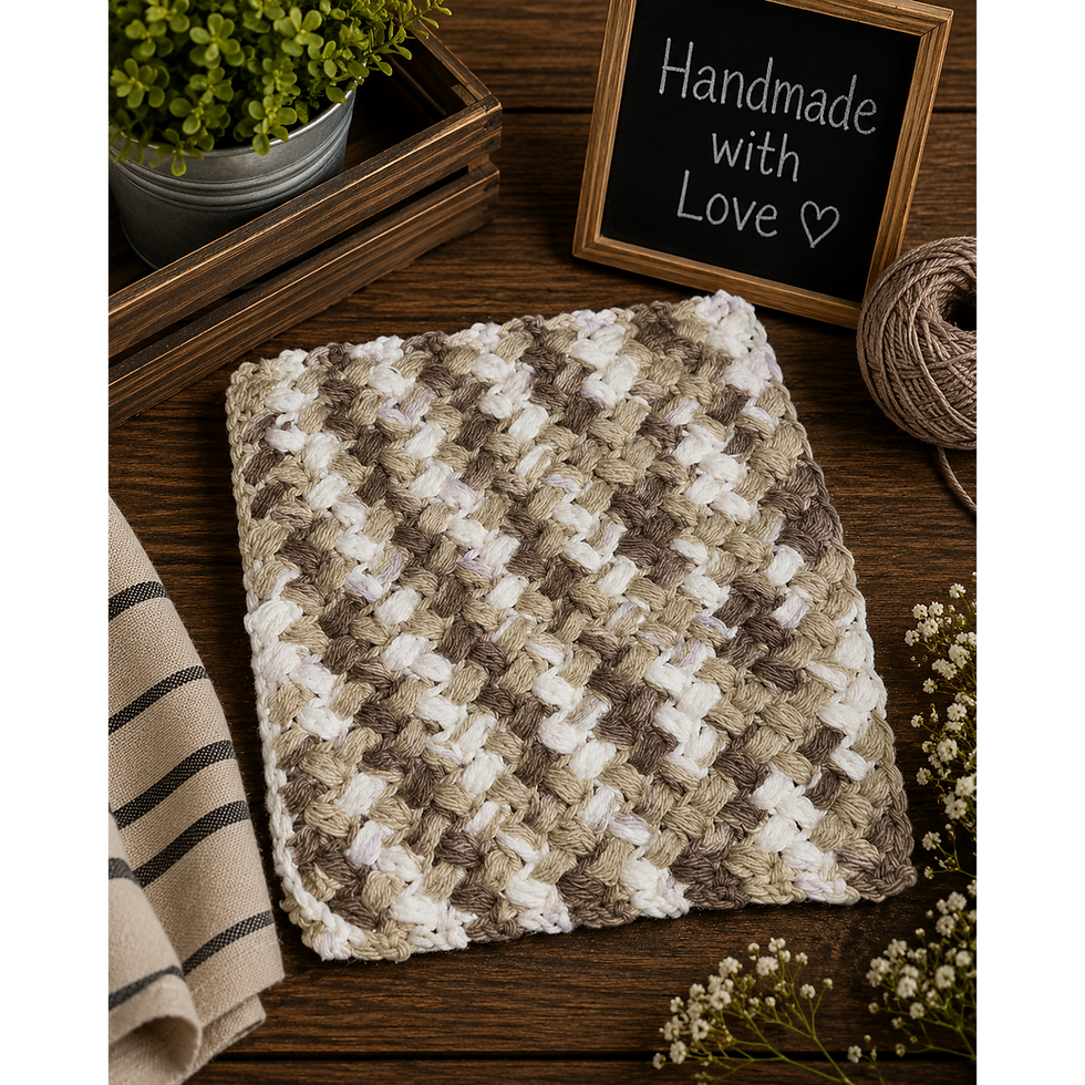 Thumbnail: Handmade large dishcloth with white and brown weaving.