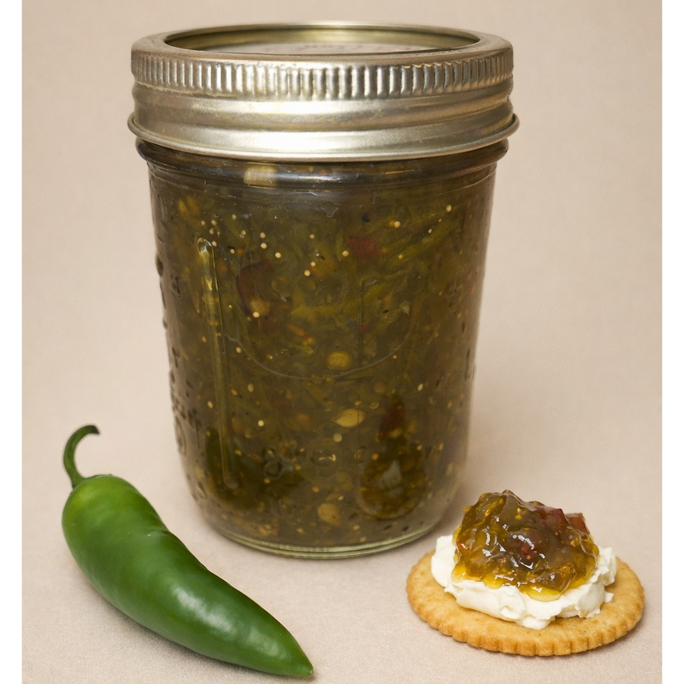 Mason jar of green hot pepper jelly with a jalapeño pepper.