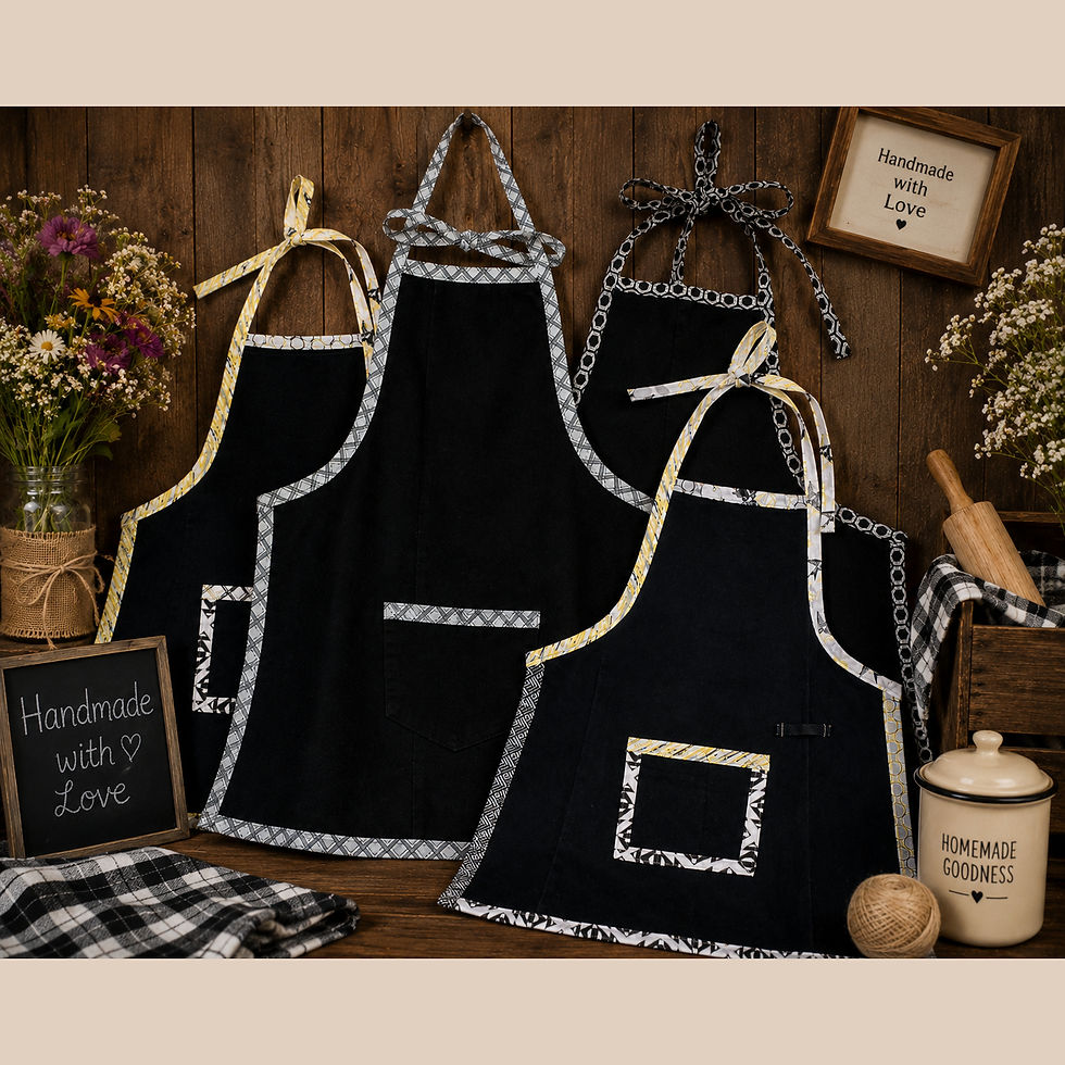 Four black recycled jean aprons in various sizes.
