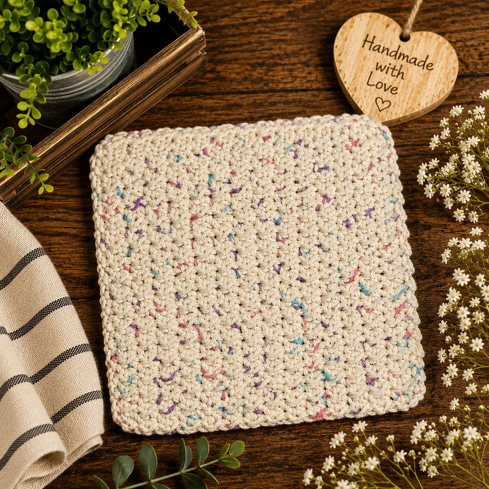 Thumbnail: Handmade medium dishcloth with colorful speckles on wood.