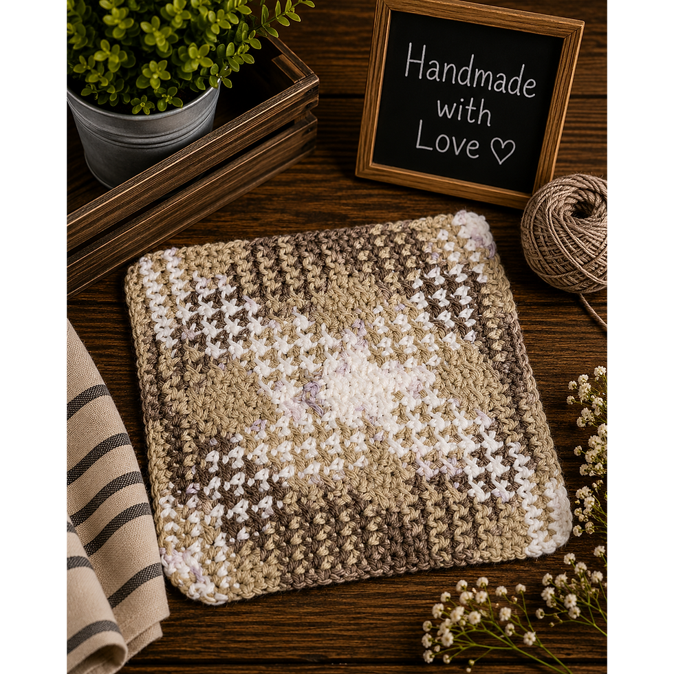 Thumbnail: Large handmade crochet dishcloth with brown and white pattern