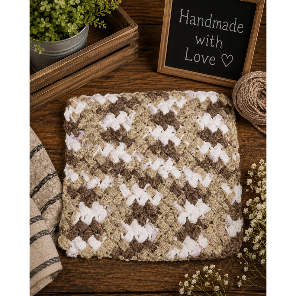 Thumbnail: Large handmade woven dishcloth with white and brown pattern