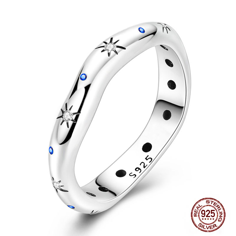 Thumbnail: Women's Silver Finger Rings Original 925 Sterling Heart Star Moon Geometric Inla