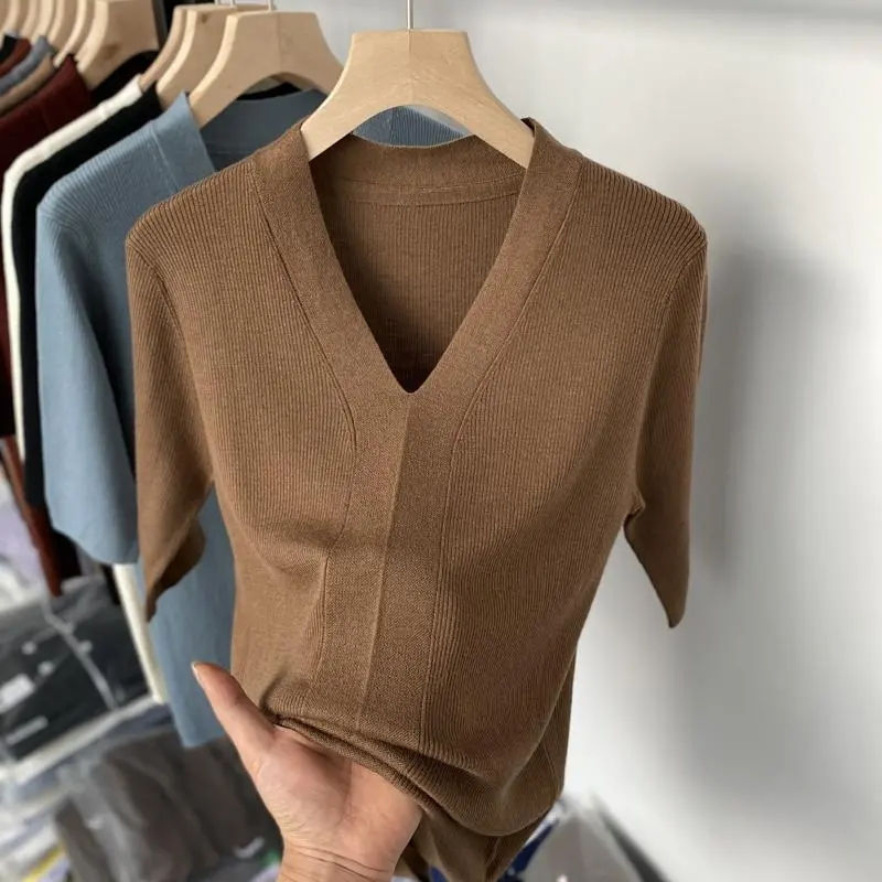 Thumbnail: Basic V-Neck Short Sleeve T Shirt Slim Aesthetic Clothing Summer Blouses for Wom