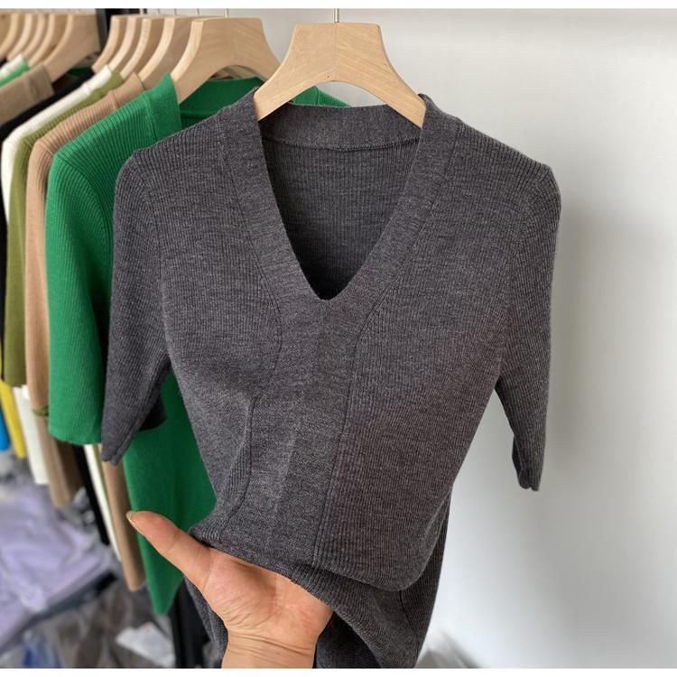 Thumbnail: Basic V-Neck Short Sleeve T Shirt Slim Aesthetic Clothing Summer Blouses for Wom