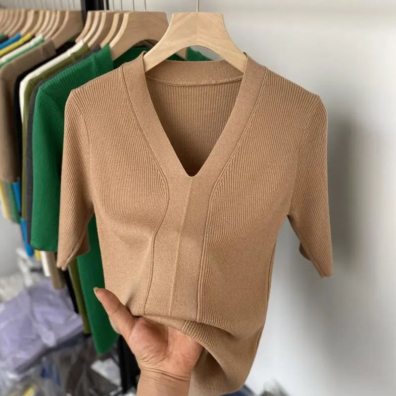 Thumbnail: Basic V-Neck Short Sleeve T Shirt Slim Aesthetic Clothing Summer Blouses for Wom