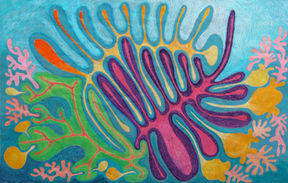 Dessin coloré motif organique et rococo au pastel à l'huile.