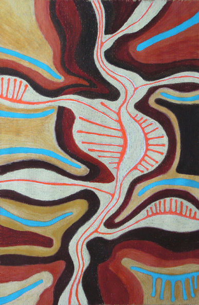 Dessin coloré ton naturel motif organique et rococo au pastel à l'huile.