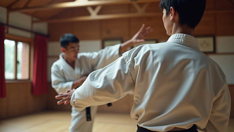 Close-up view of a student practicing a karate kick in the dojo