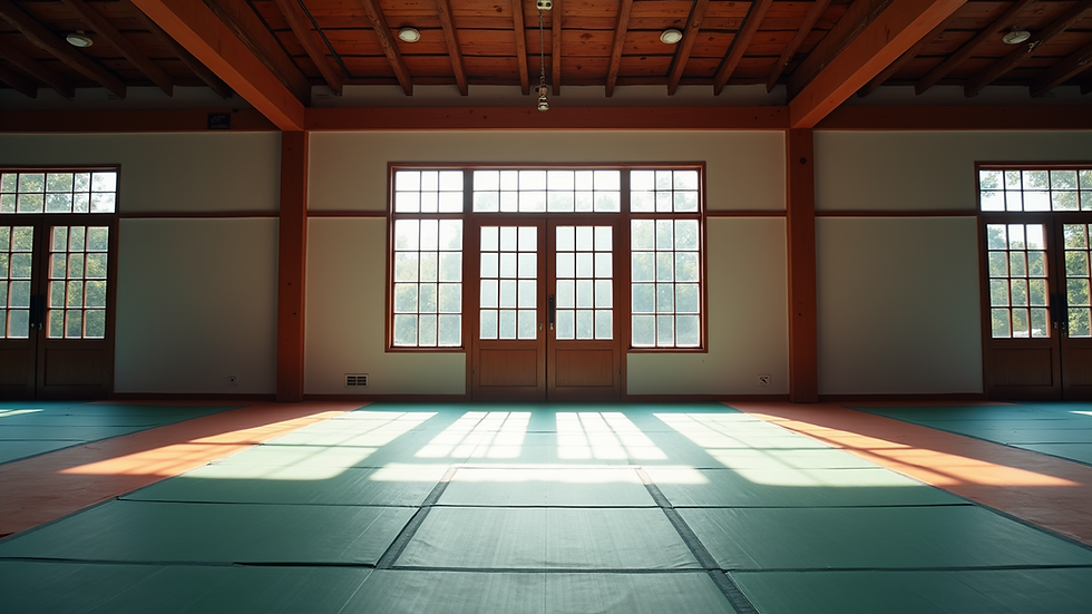 Eye-level view of a spacious martial arts dojo with training mats