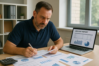 A roofing contractor reviewing job cost reports and financial spreadsheets in an office while recalculating break-even numbers.