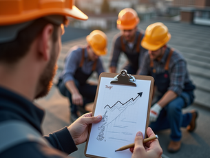 A roofing operations manager reviews labor schedules and crew assignments with field leaders during a planning meeting.