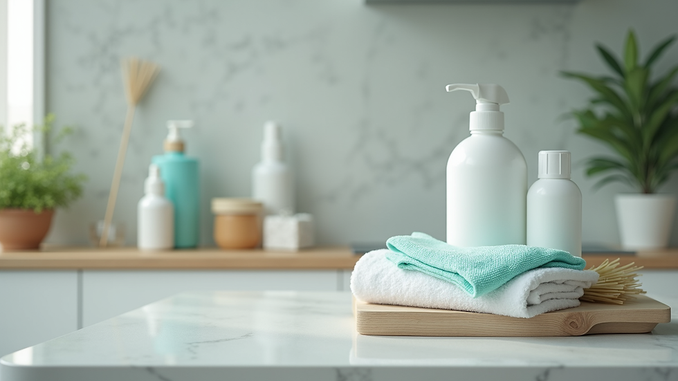 Close-up view of cleaning supplies arranged neatly on a countertop