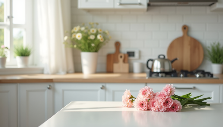 High angle view of a sparkling clean kitchen countertop with fresh flowers