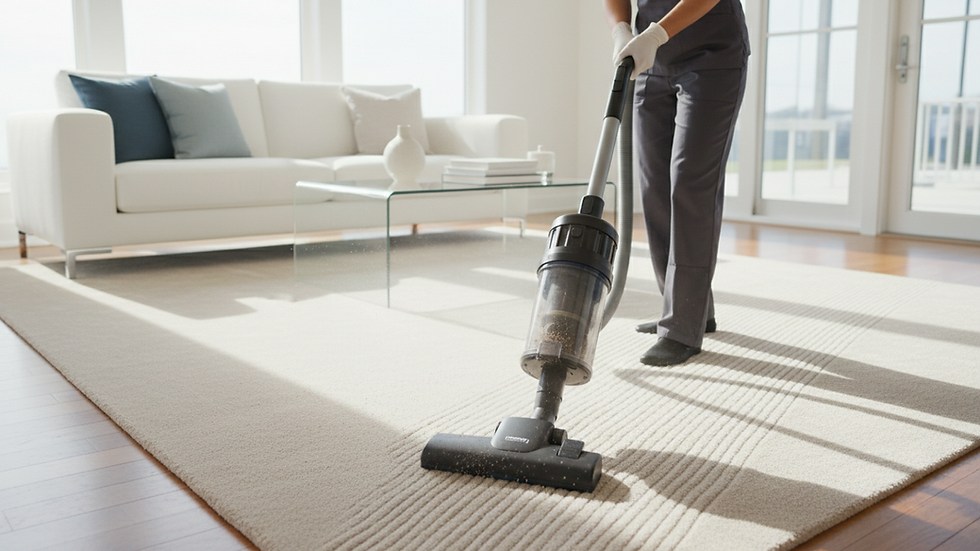 Close-up view of a professional cleaner using a vacuum on a carpet in a living room