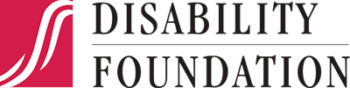 Logo for the Disability foundation: Red and White logo to the left, with Black text stack of the words Disability Foundation to the right.