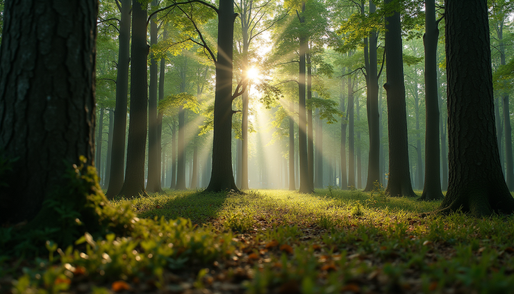 Eye-level view of dense ancient trees in Białowieża Forest with sunlight filtering through leaves