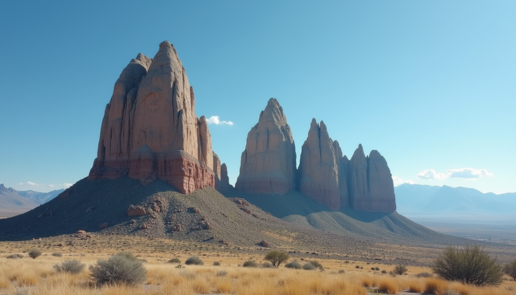Eye-level view of granite spires rising sharply against a clear blue sky in City of Rocks, Idaho