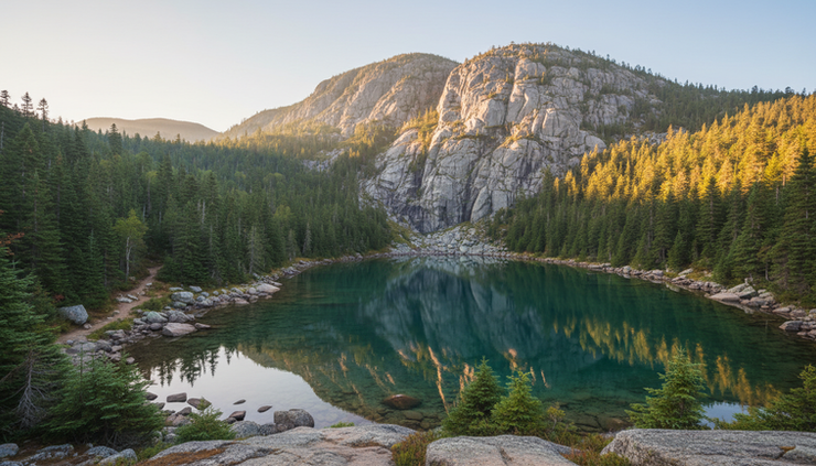 Wide-angle view of Tumbledown Pond below rugged western Maine cliffs