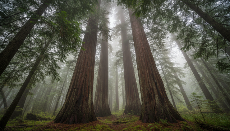 Low-angle view of towering cedar trunks disappearing into mist in a protected Idaho forest.