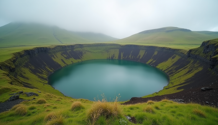 Eye-level view of a volcanic crater lake surrounded by lush green hills in the Azores
