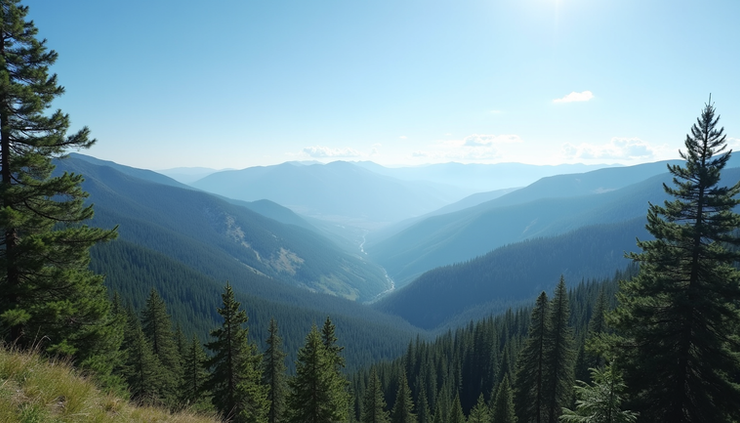 Wide angle view of Moose Creek Divide with dense pine forest and mountain ridges in the distance