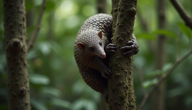 Eye-level view of a pangolin climbing a tree in a forest