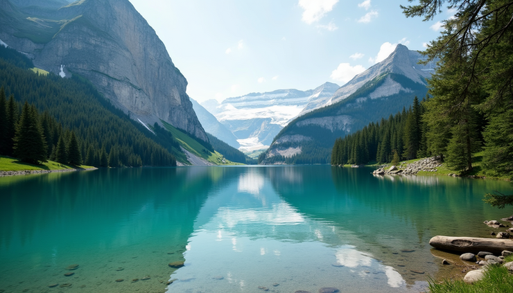 Eye-level view of Lago di Saoseo with turquoise water reflecting surrounding pine trees and mountains