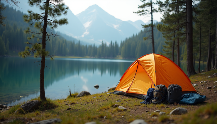 Close-up view of a campsite near a remote alpine lake with a tent and hiking gear in the eastern Alpine Lakes Wilderness