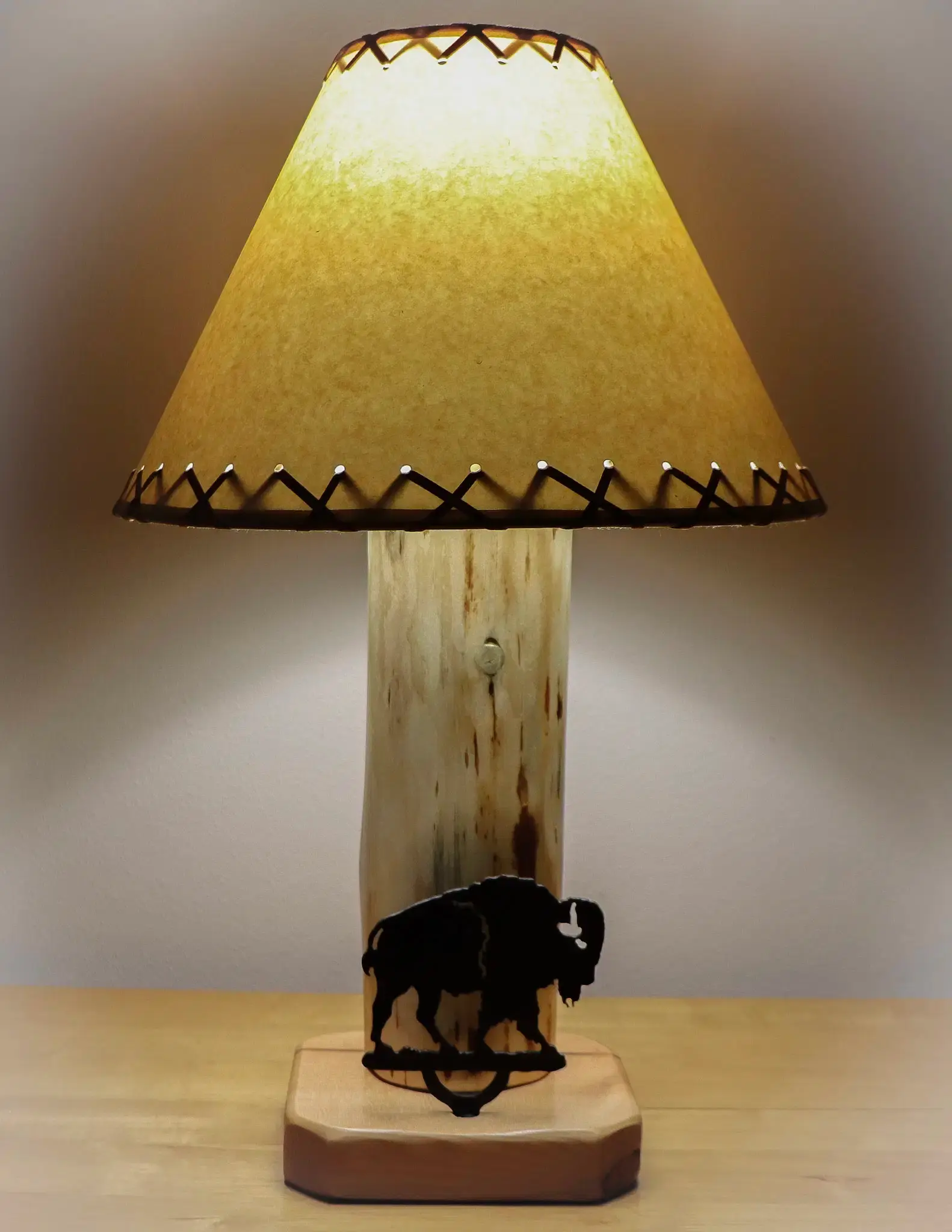 Bison Mountain Rustic Log Lamp – Handmade in Idaho, USA--14" Parchment Shade
