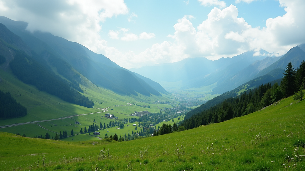 Wide angle view of a lush valley surrounded by towering peaks in the Caucasus