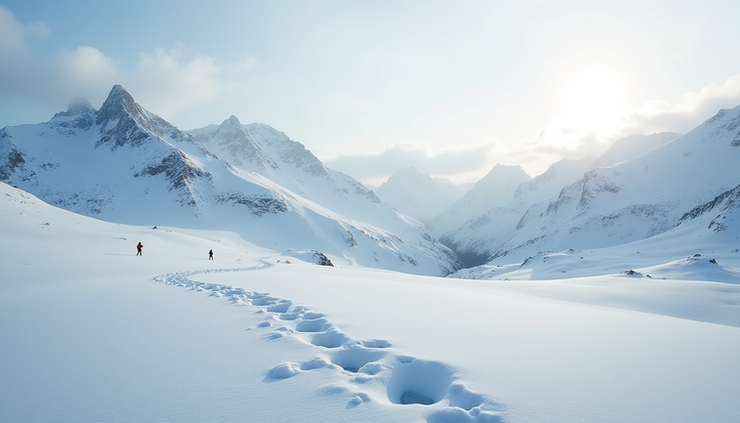 High angle view of snowy Sierra Nevada mountain landscape with fox tracks